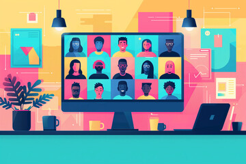 Illustration of a diverse group of people in a virtual meeting displayed on a computer screen. The colorful background and various faces represent remote work, collaboration, and digital communication