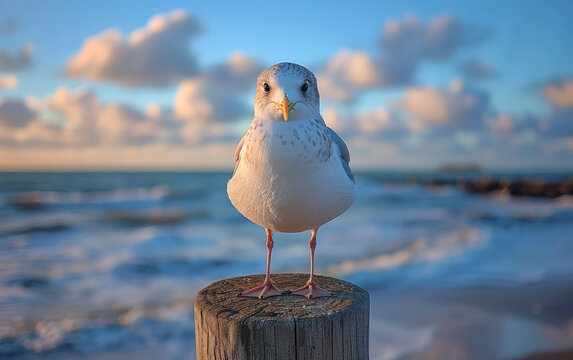 Seagull standing on wooden pole at the beach