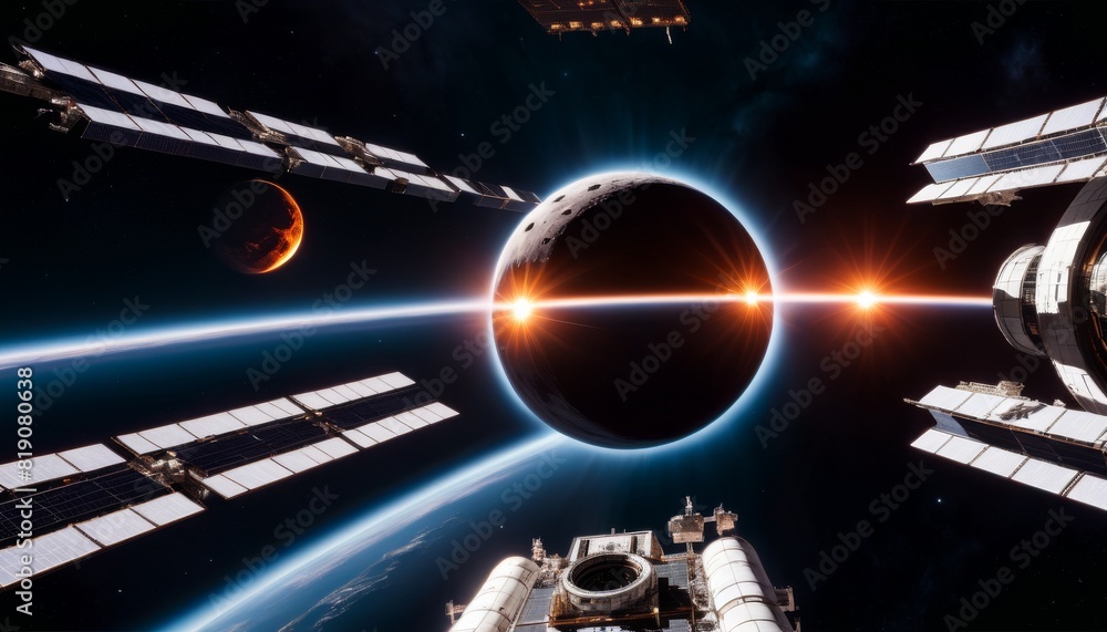 Poster a stunning computer-generated depiction of a solar eclipse as viewed from a space station orbiting a