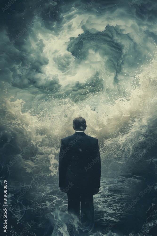 Poster a man in a suit standing in the middle of a body of water. suitable for business concepts