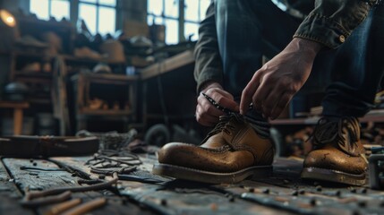 A man tying up a pair of shoes in a workshop. Ideal for shoe repair or craftsmanship concepts