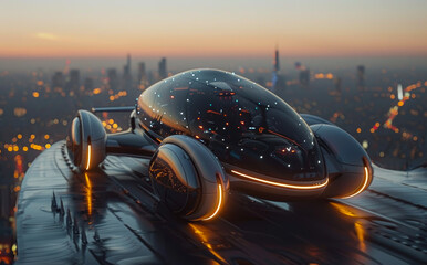 Futuristic car flying over the city. The flying car.