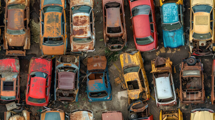 Old rusty cars on scrap metal yard, seamless flat lay background