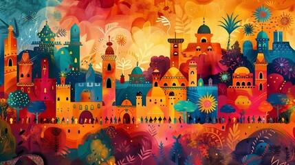 A vibrant and colorful illustration of the ancient cityscape.