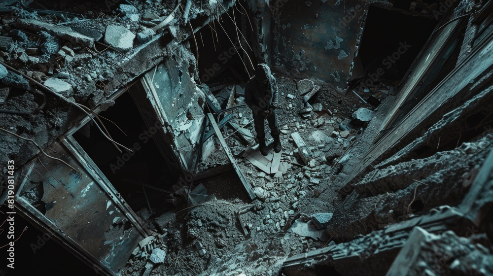 Poster person standing in a destroyed building. suitable for post-apocalyptic themes