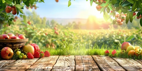 Farm wood nature field fruit table product grass garden background stand green food. Nature wood landscape morning farm