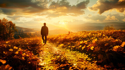 Man on path covered with golden coins - way to success and richness