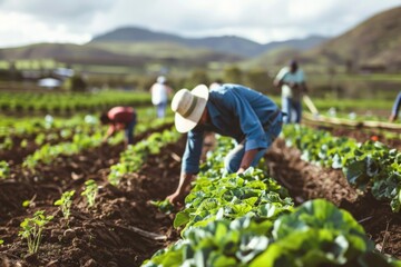 Farm workers working in the field. The importance of manual labor in the agricultural sector, with an emphasis on the diligence of farmers