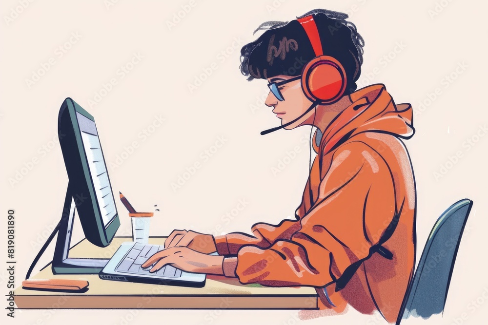 Aufkleber A man wearing headphones while using a computer. Suitable for technology concepts
