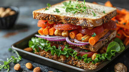 Vegan sandwich in lunch box with carrots and nut - Powered by Adobe