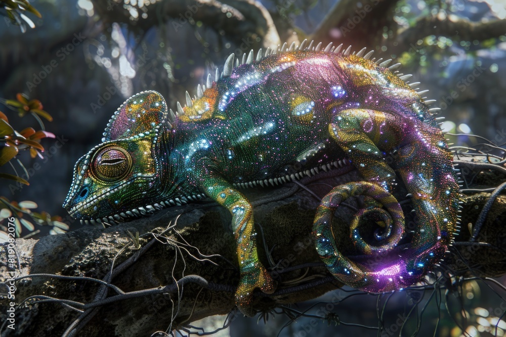 Poster a colorful chameleon perched on a tree branch. suitable for nature and wildlife themes