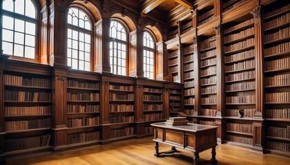 A grand library room, bathed in natural light, invites exploration with its towering wooden bookshelves filled with countless books.. AI Generation