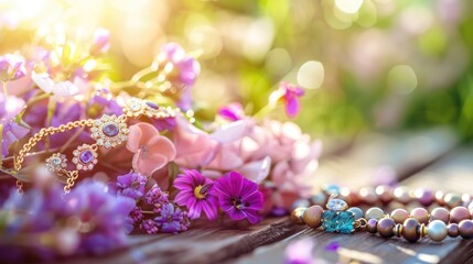 Fashion jewelry outdoors with flowers and copy space.