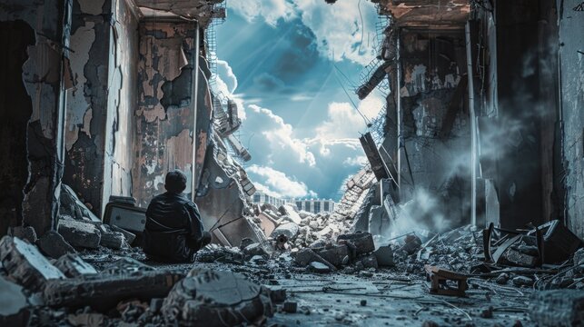 A man sitting on the ground in a destroyed building. Suitable for illustrating post-war or disaster themes