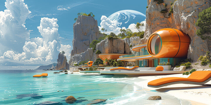 Flat illustration of a futuristic beach resort with hovering sunbeds