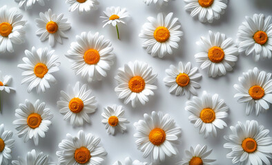 Fototapeta premium White daisies on white background. Collage of beautiful chamomile flowers