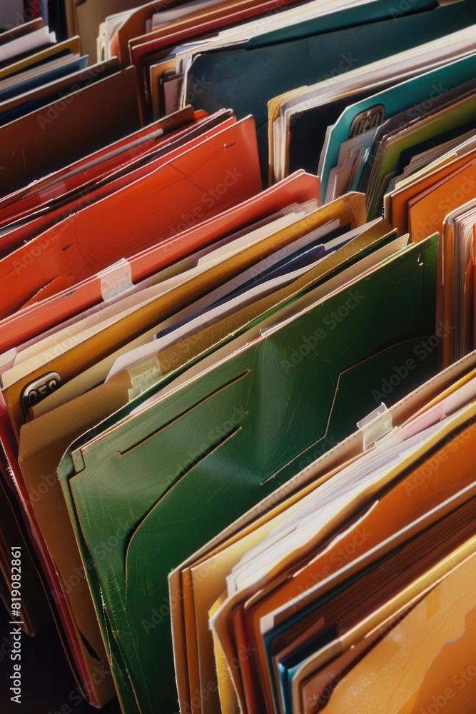 Poster A collection of folders neatly arranged on a table. Ideal for business and organization concepts