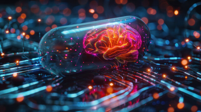 Capsule with glowing brain inside - futuristic medicine, cure for Alzheimer's disease