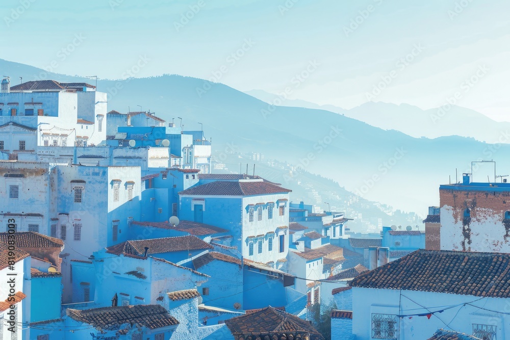 Aufkleber A scenic view of a town with a prominent clock tower. Suitable for travel and architecture concepts