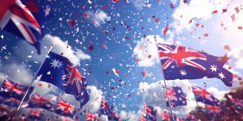 A group of flags waving in the sky, suitable for various patriotic and celebratory themes