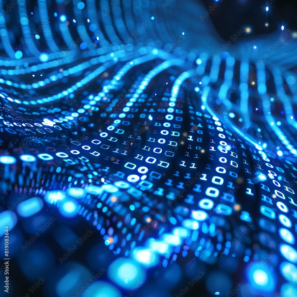 Poster bright blue binary code flowing, computer screen closeup, distinct digital backdrop