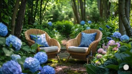 Two Wicker Chairs in Garden With Blue Flowers