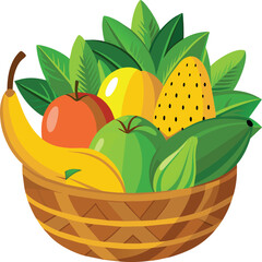 Basket with fruits illustration isolated on white background. Realistic Fruits basket illustration