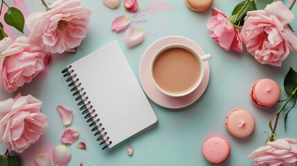 A Cup of Coffee, Macarons, and Roses on a Table