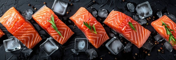 Sliced Salmon and Ice Cubes on Black Background