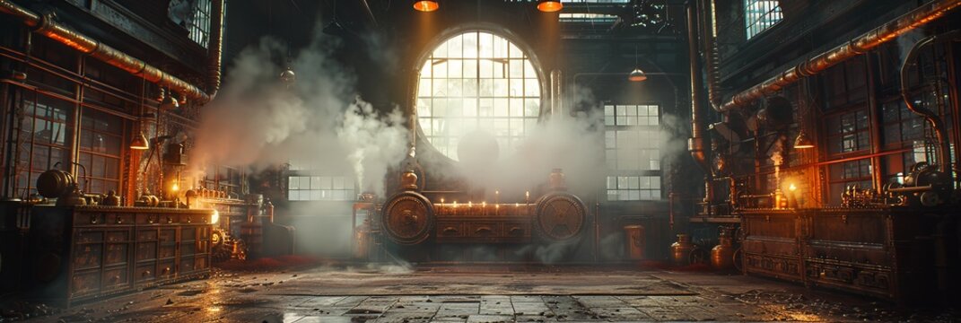 Vintage factory steampunk room with working mechanisms. Hall with pipes and vintage victorian mechanical devices and old industrial grunge design