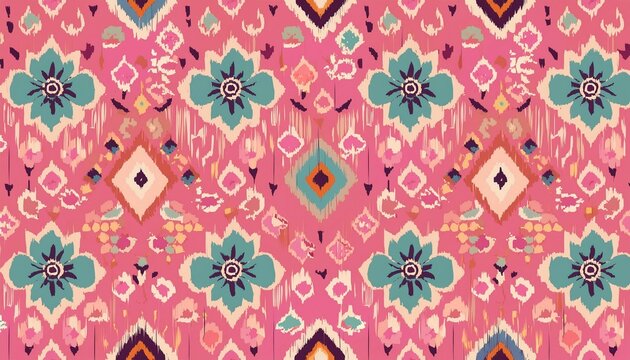 Motif ethnic handmade beautiful Ikat art. Ethnic abstract floral pink background art. folk embroidery