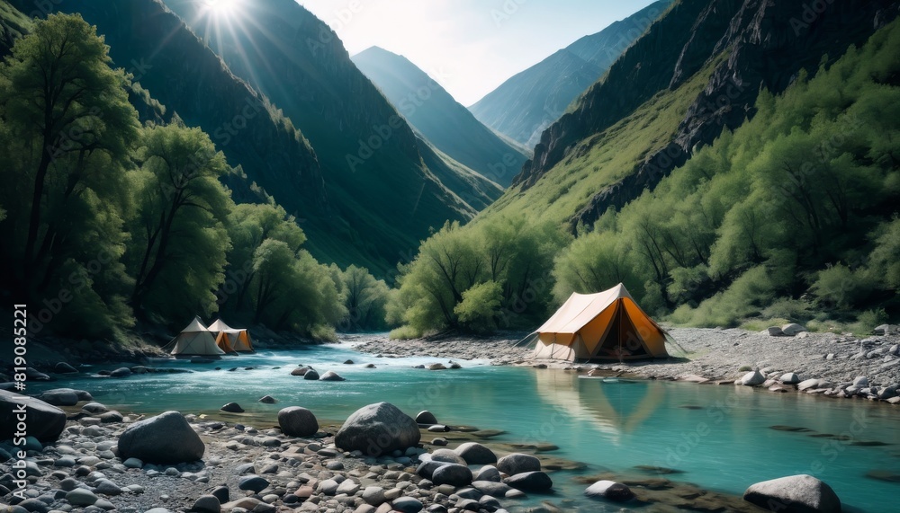 Poster Serene camping scene with two tents set up by a clear mountain river surrounded by lush greenery and mountains in the background.. AI Generation
