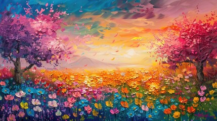 Field of colorful wildflowers and cherry blossom trees at sunrise painted with oil paints. Colors of rainbow