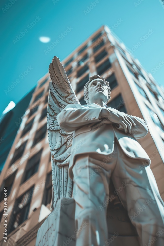 Poster Angel statue holding clock in front of building. Suitable for time management concepts