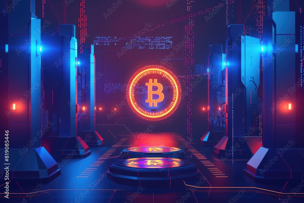 Poster a futuristic cityscape with a brightly lit bitcoin symbol. perfect for technology and cryptocurrency