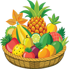 Basket with fruits illustration isolated on white background. Realistic Fruits basket illustration