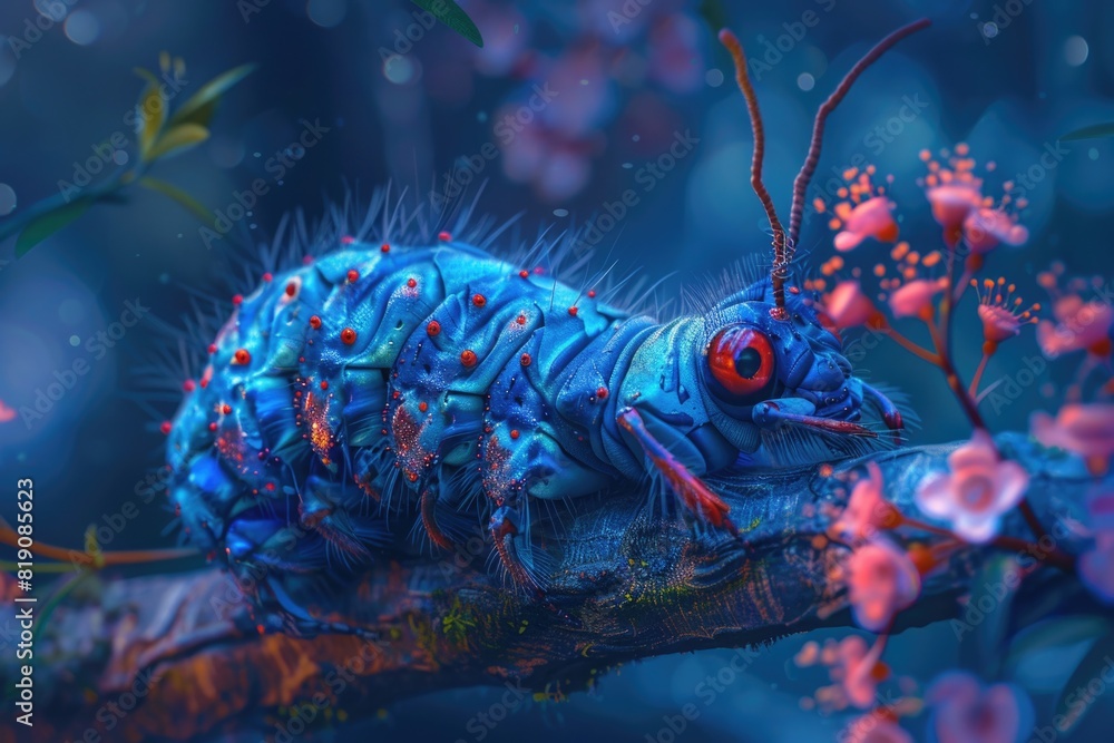 Poster a blue caterpillar resting on a tree branch. suitable for nature and insect-related designs