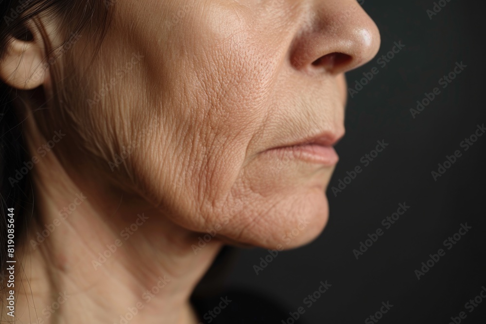 Poster Close up of a woman's face with visible wrinkles. Suitable for skincare and beauty concept