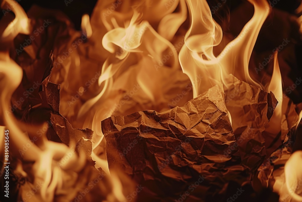 Poster a close up of a piece of paper on fire. suitable for concepts of destruction and danger
