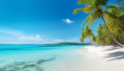 Fototapeta na wymiar A beautiful beach with palm trees and a clear blue ocean