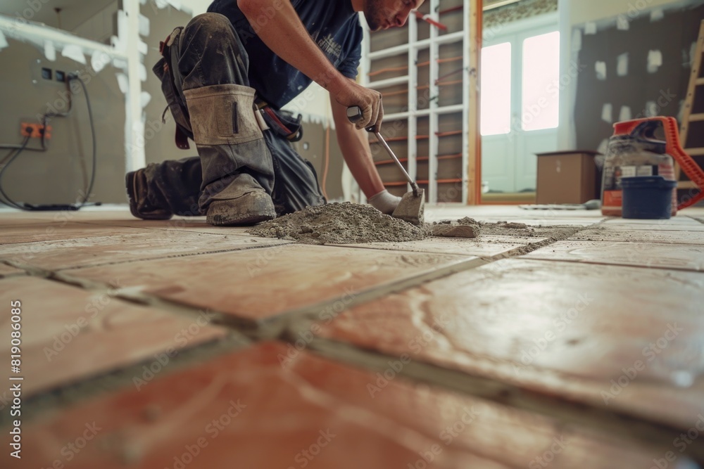 Poster a man working on tiling a floor, suitable for construction projects