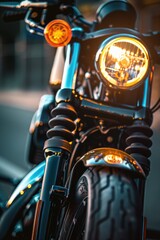 Close up view of a motorcycle with a bright light on, suitable for automotive and transportation concepts