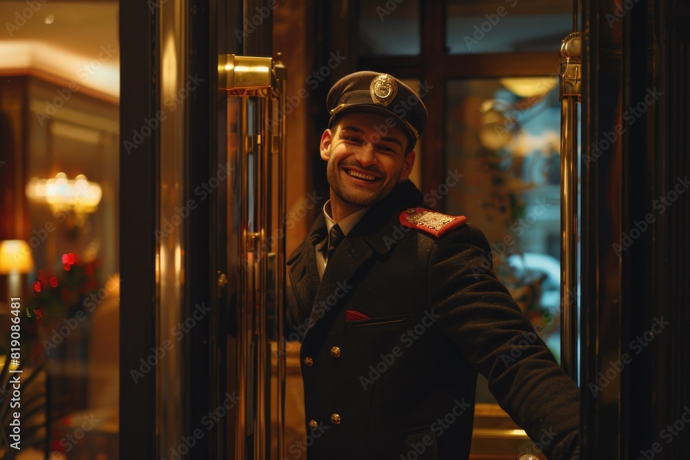 Poster a man in a uniform standing in a doorway, suitable for professional and security concepts