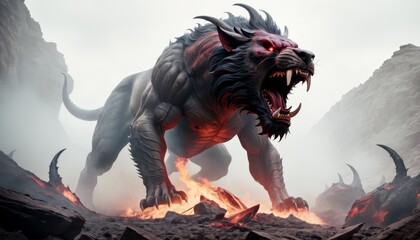 A monstrous lion with fiery red eyes and black mane roars amidst erupting volcanoes and rising smoke, embodying mythical ferocity.. AI Generation
