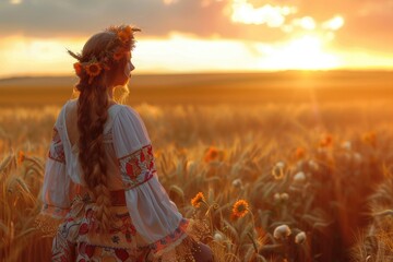 Woman standing in a wheat field at sunset. Suitable for nature and lifestyle concepts