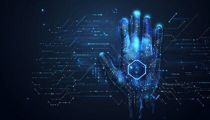 Digital technology background with hologram hand symbol for biometric security and identity emblem concept. Abstract futuristic digital world of data, cyber network connection