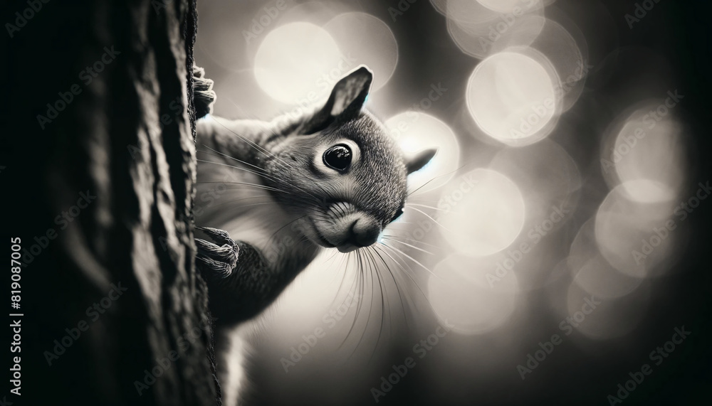 Poster black and white of a squirrel peeking out from behind a tree trunk. the focus is sharp on the squirr