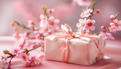 background, The pastel color scheme and soft lighting. The gift is wrapped in satin ribbon and decorated with delicate flowers