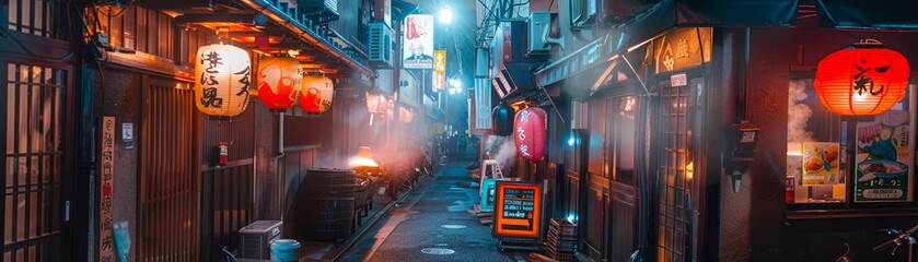 Obraz premium An atmospheric shot of a Japanese alley at night, lined with ramen shops, capturing the steam and neon lights, inviting a culinary adventure