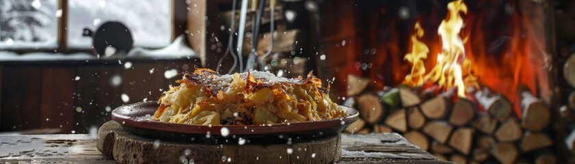 Andorran trinxat, cabbage and potato cake, crisp and golden, rustic earthenware plate, cozy mountain cabin, late afternoon, soft snowfall outside
